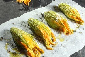 Zucchini flowers stuffed with herbed goat cheese